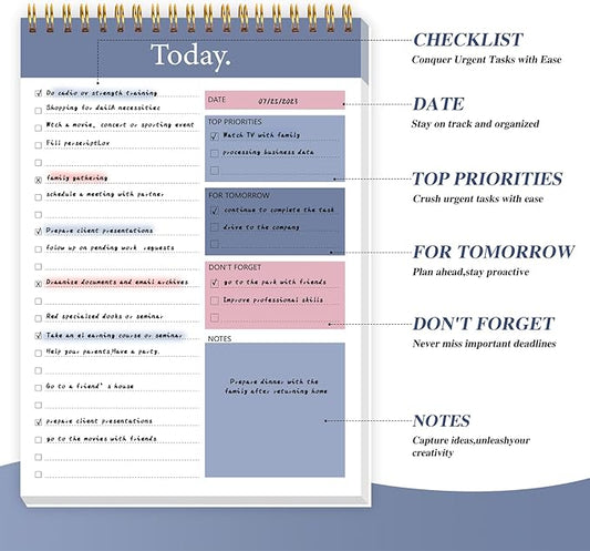 To Do List Notepad - Daily Planner Notepad Undated 52 Sheets Tear Off, 6.5" x 9.8" Checklist Productivity Organizer with Hourly Schedule for Tasks
