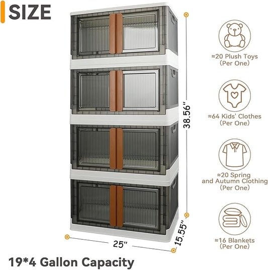 AssHMKIT Storage Bins, Extra Large Cabinet with Lids, 19 Gallon(72L) Capacity (Per One), 4 Packs, Useful Box with Door and Buckles, Foldable, Transparent, Excellent Home Organizers