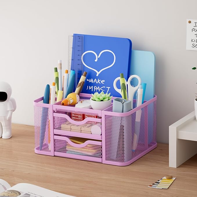 Marbrasse Mesh Desk Organizer with 2 Drawers, Pen Holder & Notebook Slot