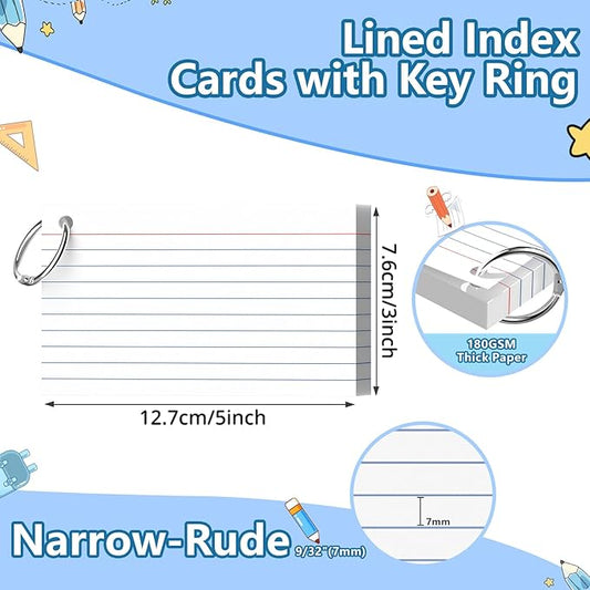 Ciphyfee Index Cards 3x5 Inch With Ring, 300 Count, Ruled White Colored Index Card, 180GSM Flash Cards College Ruled for Students, Teachers, Study Note Card for Office, Home, School, Office