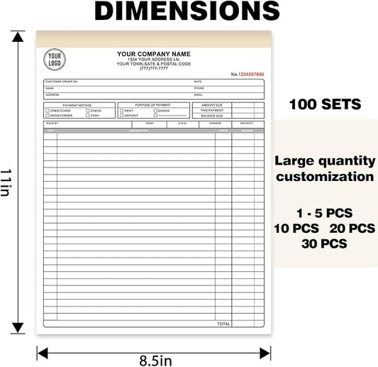 Custom Invoice Book with Logo 100 Set Personalized Receipt Books Customized Invoices for Small Business 2 - Parts Carbonless Duplicate Invoice Forms NCR Books