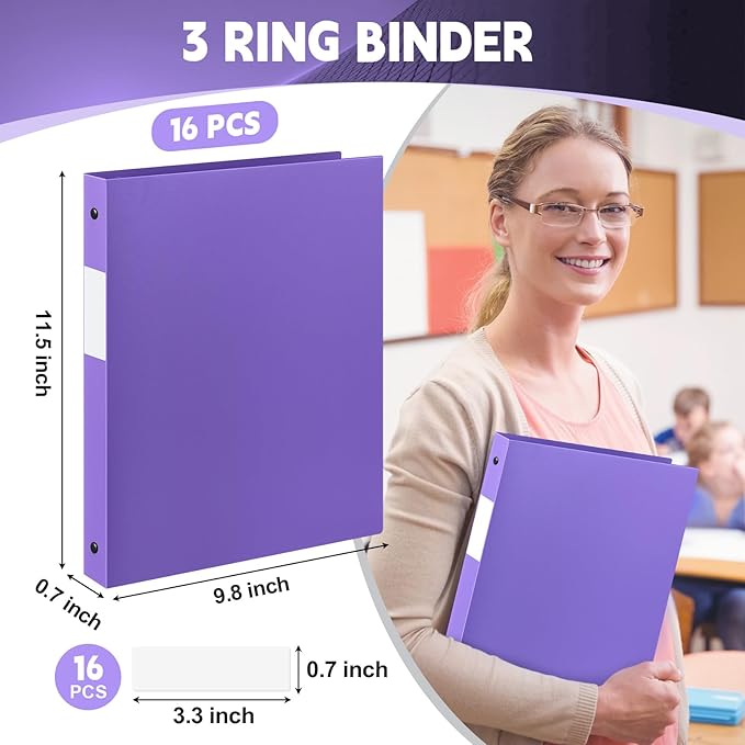 Henoyso 16 Pcs 3 Ring Binder 0.5 Inch Round Fits Letter Size 8.5'' x 11'' Paper Plastic Flexible Binder Bulk Holds 140 Sheets with 1 Pockets Versatile Organizer for Home Office School (Purple)