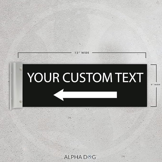 ALPHA DOG SIGNS Custom Projecting Hallway Sign, 4"x12" Double-Sided Business Plaque Left Arrow, Personalized Indoor Outdoor Wayfinding, Easy Install, Durable, Made in USA (Black)