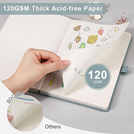 EMSHOI Dotted Notebook - 256 Pages A5 Dotted Grid Journal Notebook,120gsm Thick Paper,16 Perforated Pages, Smooth PU Leather, Inner Pocket,5.75'' × 8.38''-GrayBlue