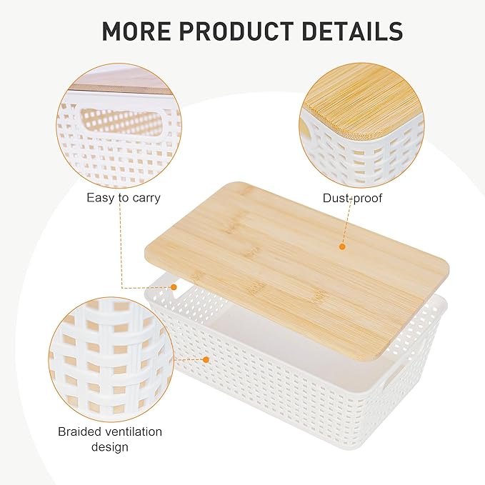 Anywish Small Storage Bins with Lids 6 Packs, Plastic Storage Basket with Bamboo Lid for Pantry Organization and Storage Containers for Shelves Drawers Desktop Closet Playroom Office Home, White