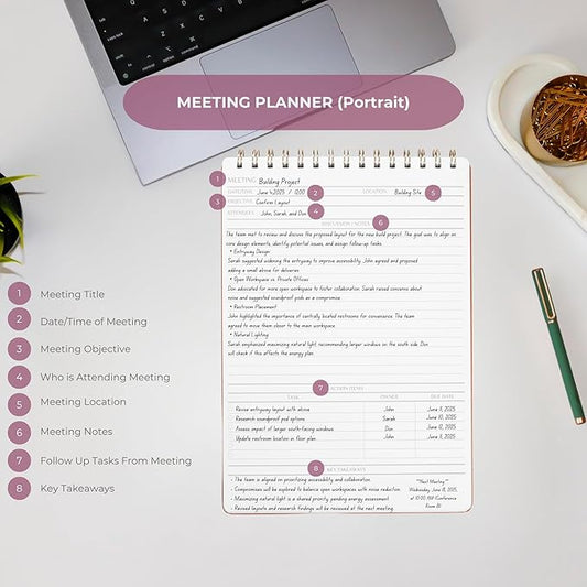 Merely Home | Meeting Notebook for Work | 8.25" x 11.75" | Project Planner | Simple Design | Multiple Layouts | Office and Business Planner (Rust, Meeting Planner - Portrait)