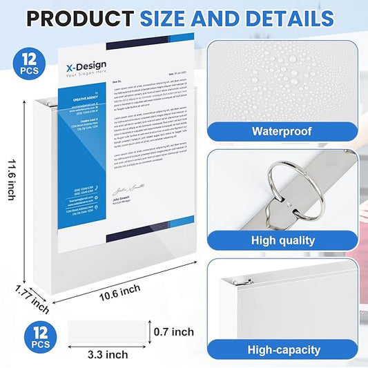 Henoyso 12 Pcs 3 Ring 1.5 Inch Binders Fits 8.5 x 11 Inch Letter Size Paper, Plastic White Flexible Binders with View Cover and 2 Pockets, 275 Sheets Capacity for Office School