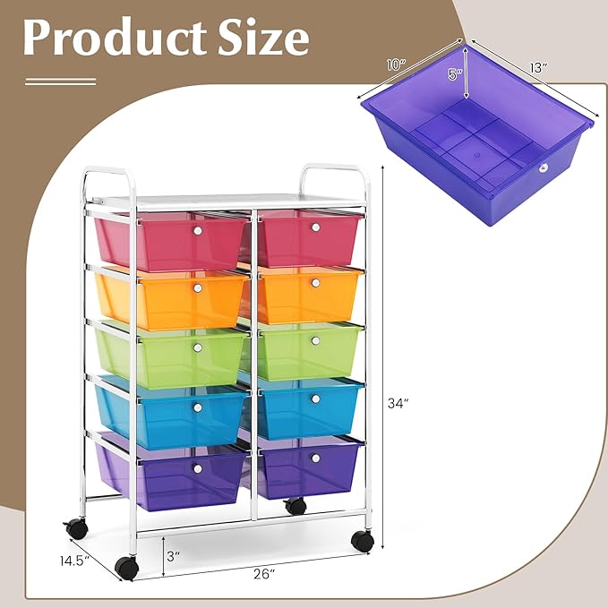 GOFLAME 10-Drawer Rolling Storage Cart, Art Craft Storage Organizer on Wheels, Multipurpose Movable Utility Cart for School, Office and Home, Rainbow
