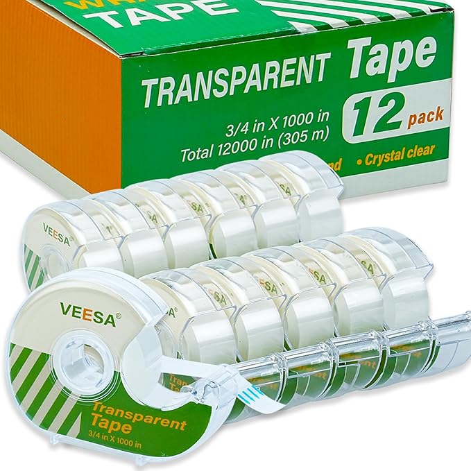 Transparent Tape with Dispenser, 3/4 x 1000 Inches, 12 Rolls Clear Tapes for Craft Jobs, Home & School Supplies