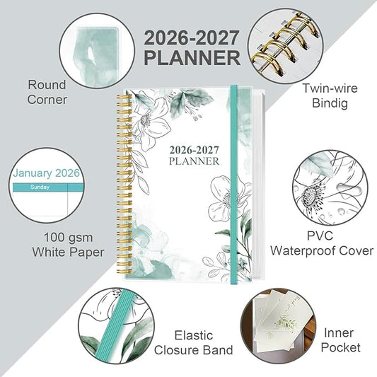 2026-2027 Planner - 18 Months Weekly & Monthly Planner from January 2026 - June 2027, Spiral Planners 2026-2027 with Elastic Closure, Inner Pocket, Medium 5.8" x 8.3", Teal Flower
