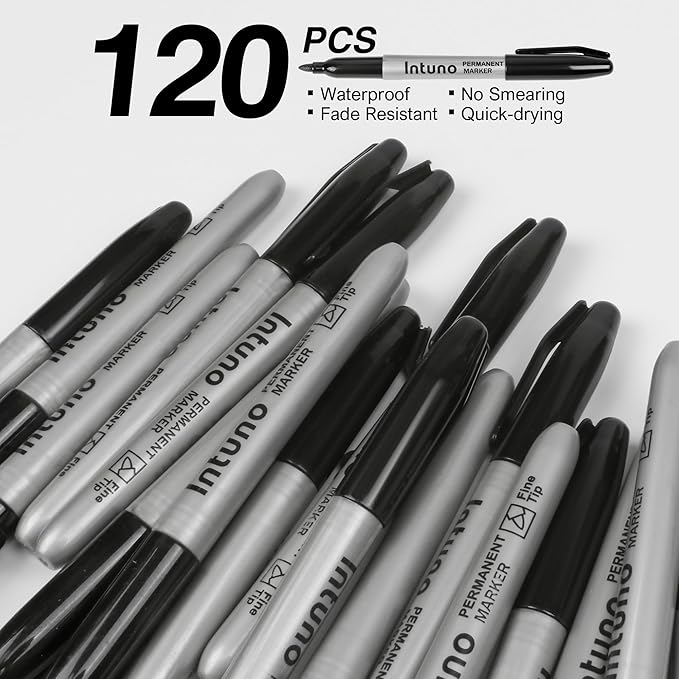 INTUNO Oil-Based Permanent Markers — Fine Tip, Black, 120-Count