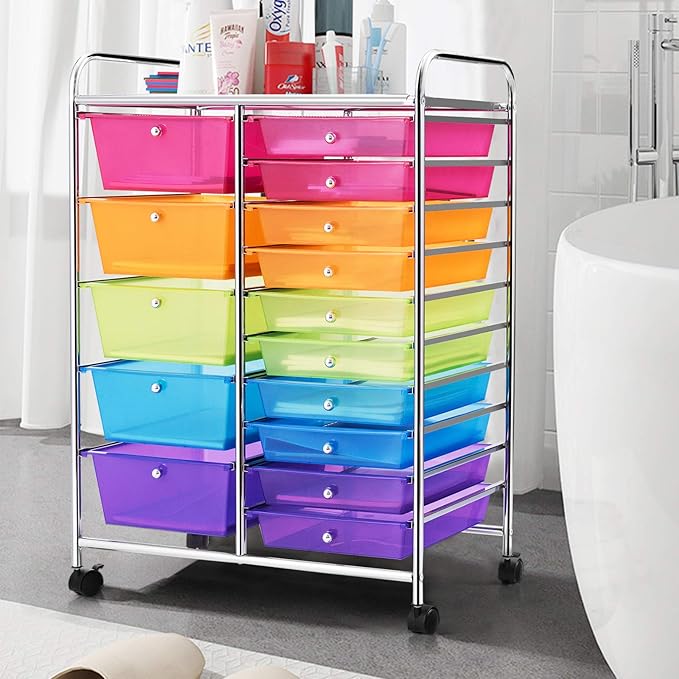 HAPPYGRILL 15-Drawer Rolling Cart, Storage Carts with Removable Drawers & Steel Frame, Utility Cart on Lockable Wheels for Home, School, Office,Colorful