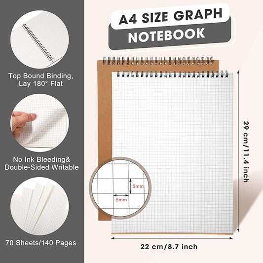 Engrowtic 2 Pack Top Spiral Graph Paper Notebooks 8.7 X11.4 Inch A4 Grid Paper Notepad 70 Sheet Memo Steno Pad for Engineering Writing Sketching Drawing School Office Supplies (Kraft)