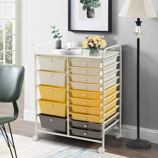 GLACER 15 Drawers Rolling Cart, Storage Cart with w/Removable Drawers & Steel Frame, Multipurpose Organizer Cart w/Sleek Handle, Utility Cart on Lockable Wheels for Home, School, Office (Yellow)