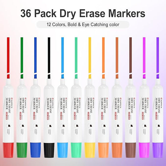 Comix Dry Erase Markers, Chisel Tip Whiteboard Markers, 36 Bulk 12 Assorted Colors Low Odor Markers for Classroom, Teachers, Office, School Supplies