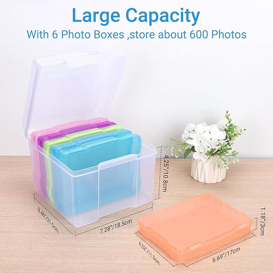 COSICS Photo Storage Box 4" x 6", Extra Large Transparent Plastic Photo Organizer Craft Keeper with 6 Colorful Inner Case for Cards, Pictures, Stamps, Stickers, Seeds, Office Supplies