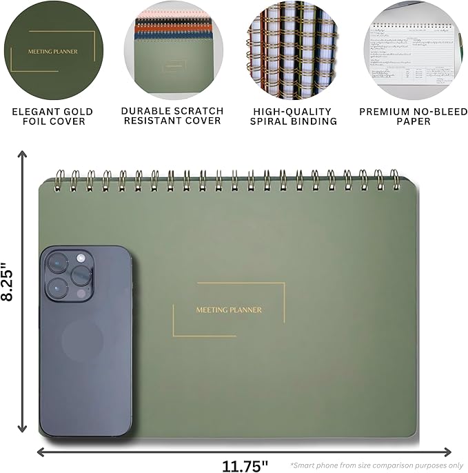 Merely Home | Meeting Notebook for Work | 8.25" x 11.75" | Project Planner | Simple Design | Multiple Layouts | Office and Business Planner (Black, Meeting Planner - Landscape)