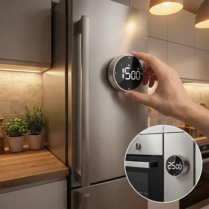 Rechargeable Magnetic Kitchen Timer,LED Countdown/Up Timer, Supports USB-C Charging,with Loud Alarm,3 Preset Quick Times(5/15/25m),Perfect for Kitchen Cooking, Studying, and Fitness (Brown)