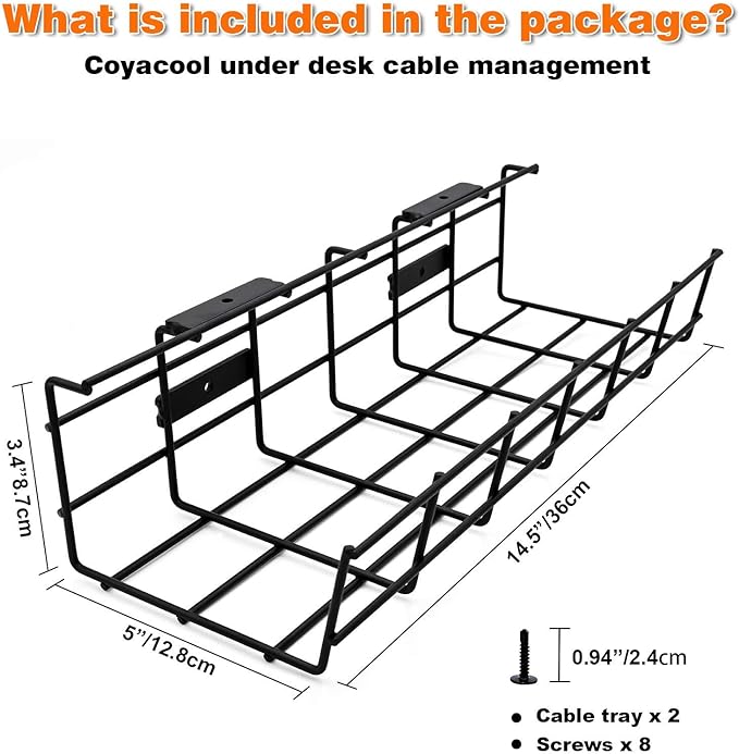 COYACOOL Under Desk Cable Management- 2 Pack Cord Organizer. Metal Wire Cable Management Tray for Office, Studio and Home. Super Sturdy Under Table Cable Management - Black Cable Organizer