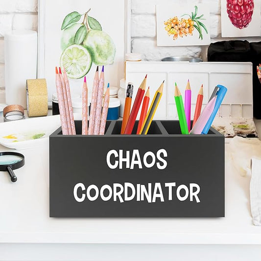 XPH Chaos Coordinator Black Pen Pencil Holder Organizer for Desk, Thank You Gifts for Women Men Coworkers Boss Leader Manager, Appreciation Gifts Wooden Box Sign for Office Tabletop Decorations