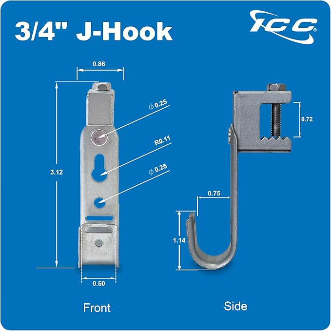 ICC Beam Clamp J Hook 3/4” Without Retainer Clip - Galvanized Steel Cable Management Hooks for Hanging Cable to Beams - Rust-Resistant, EIA and TIA Compliant - 3/4 Inch 25 Pack
