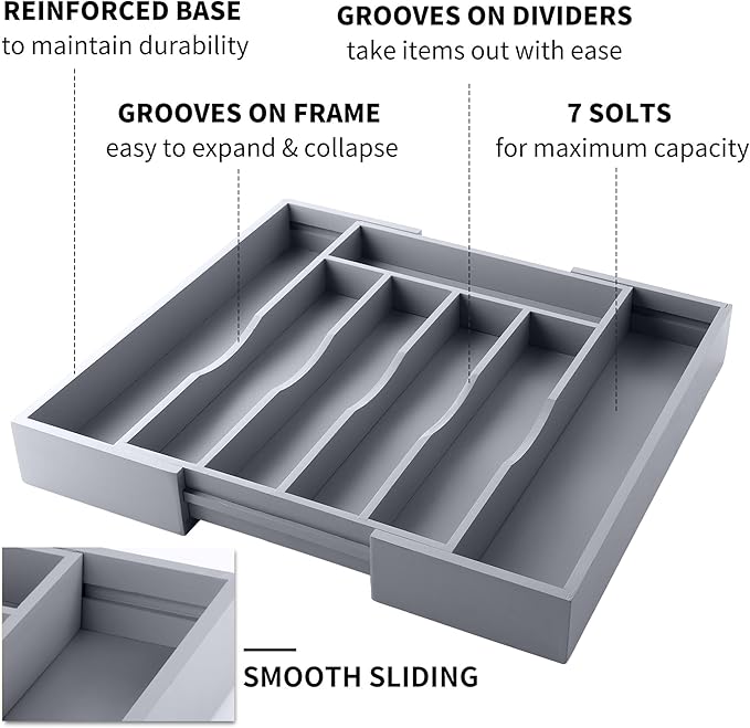 oridom Expandable Bamboo Kitchen Drawer Organizer for Cutlery and Utensils, Adjustable Bamboo Wood Cutlery Tray in Drawer for Flatware and Silverware in Kitchen, (Grey)