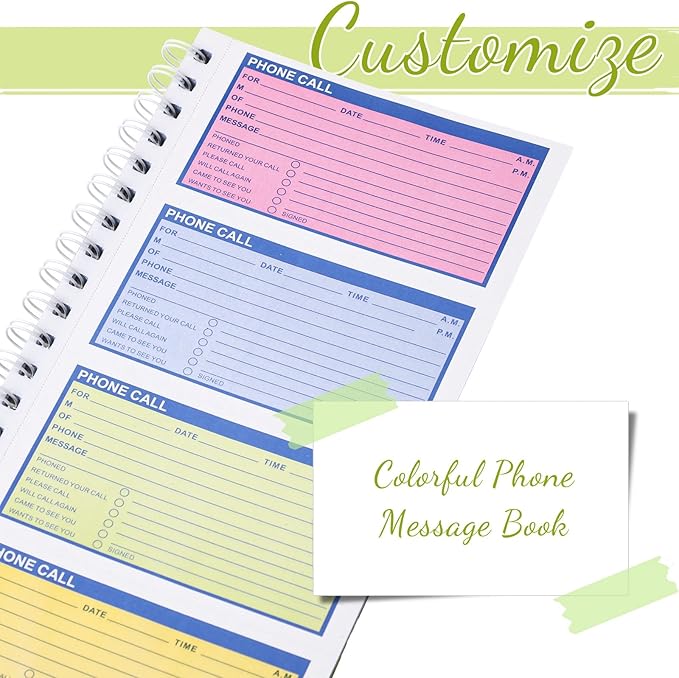 Sinmoe 2 Pcs Spiral Bound Phone Message Book with Carbon Copy 5-1/2" x 11" 2 Part Colorful Carbonless Telephone Message Pads Duplicate Spiral Phone Call Log Book for Business Office