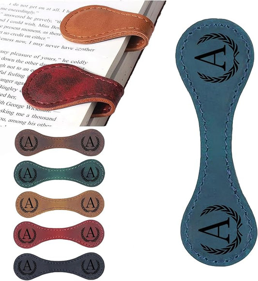 Personalized Magnetic Leather Bookmark, 26 Letters Custom Bookmarks, Handmade, Leather Magnetic Bookmark for Book Lovers Readers Women Kid(Blue，A