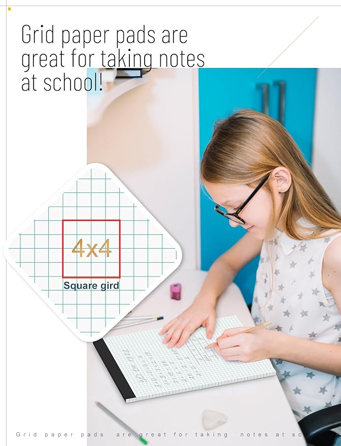 Zaviko Graph Paper Pads 8.5 x 11, 6 Pack, 4x4 Blue Quad Grid Paper Pad, White Quadrille Pad 8-1/2" x 11", Easy Tears Off, Grid Notebook 8.5 x 11, White 70 GSM Graft Paper, 30 Sheets/Pad
