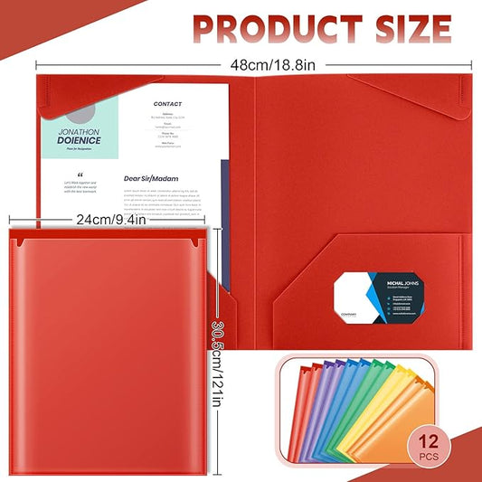Henoyso 12 Pcs Plastic Folders with Clear Front Pockets Heavy Duty File Folders with 2 Pockets and Card Slot for Student Communication School Office Presentation Report (Colorful)