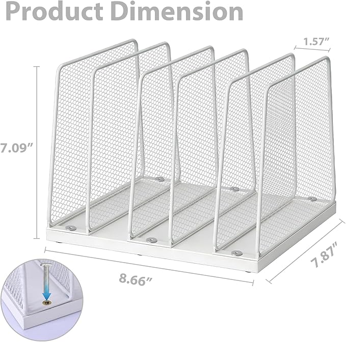 LEKETREE Small Desk File Organizer, 5-Section Upright File Sorter, Vertical File Folder Holder, Mesh Metal Wood Office Desktop Organization for Document, Magazine, Books and more (White)