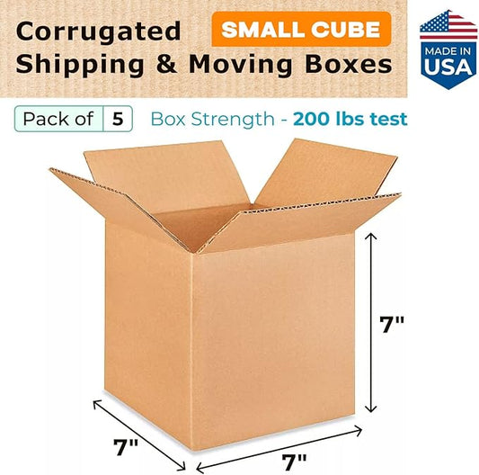 Small Cube Moving & Shipping Boxes 7 x 7 x 7 inches (5-Pack) - Extra Strength 200 lb vs Regular - Corrugated Moving Boxes for USPS/UPS/FEDEX - Packing Box - Box for Shipping by IDL Packaging