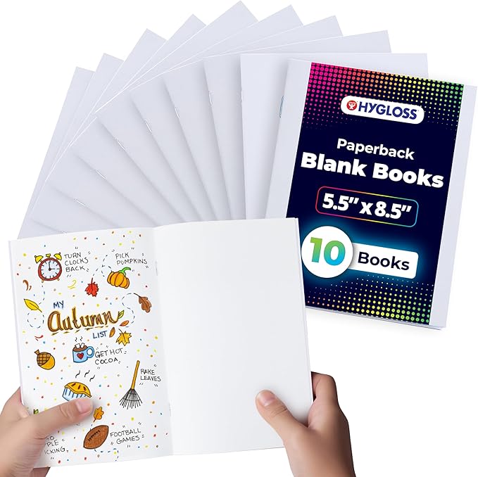 Hygloss Blank Books - Bulk 10 Pack – 5.5" x 8.5" A5 White Paperback Blank Books for Kids to Write Stories, Doodle, Arts & Crafts – Plain Drawing Sketchbook, Unlined Journal, Notebook Without Lines