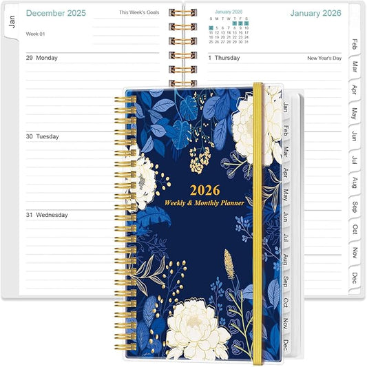 2026 Pocket Planner/Calendar - 2026 Planner from January 2026 - December 2026, Planner 2026 with 12 Tabs, Twin-Wire Binding, Inner Pocket, 3.75" x 6.75, Blue Leaf Flower