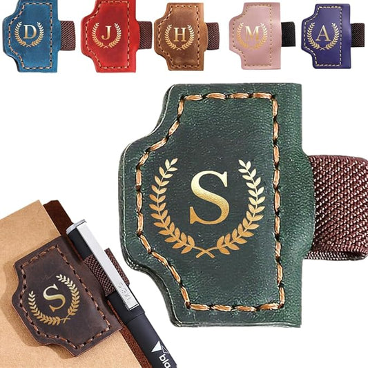 Personalized Mark Bookmark with Pen Holder, Leather Magnetic Book Marker 26 Letters,Custom Initials Page Marks, Gifts for Book Lovers Readers Men Women (Green, S)