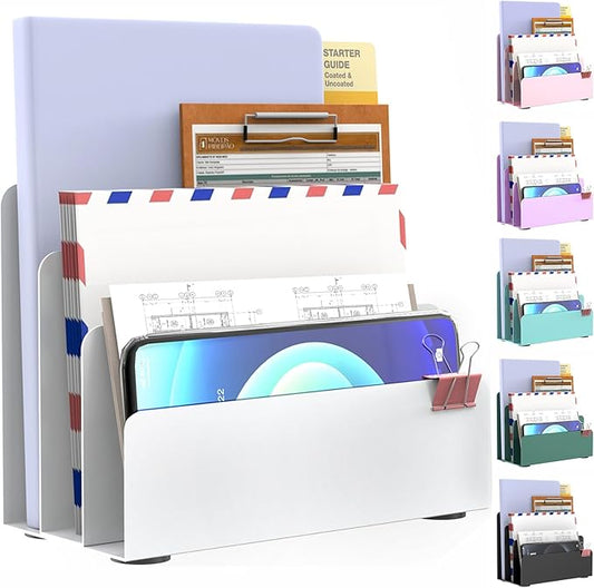 OUTIOE Mail Organizer Countertop, Small Desk File Organizer, Metal File Holder - Essential Workspace Organizers for Office Desk, Home Office (White)