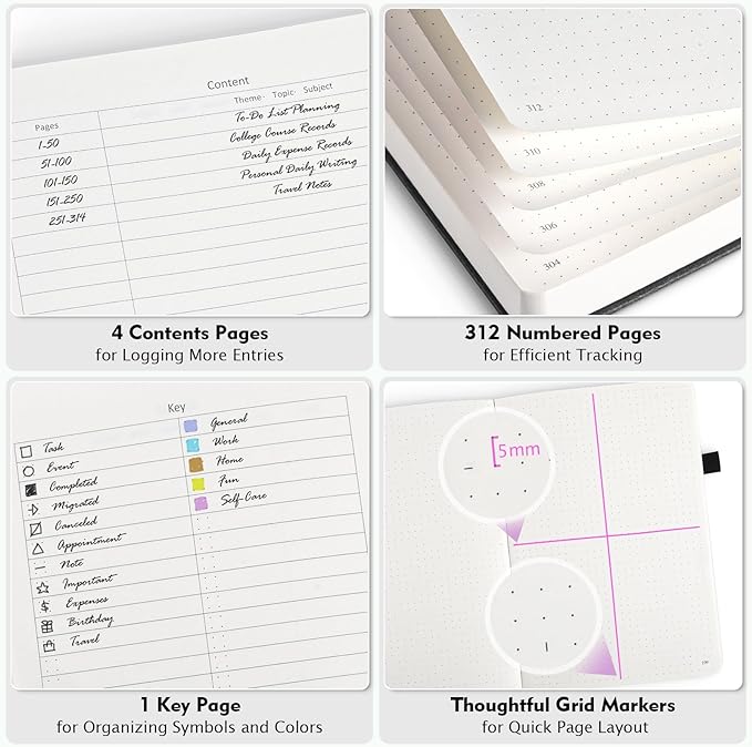 OFFIGIFT Bullet Dotted Journal Notebook, 312 Numbered Pages A5 Hardcover Leather Journal, 100gsm No Bleed Paper Dot Grid Notebook with Index Pages, Dot Journal for Women Men, 5.75" x 8.38", Pink