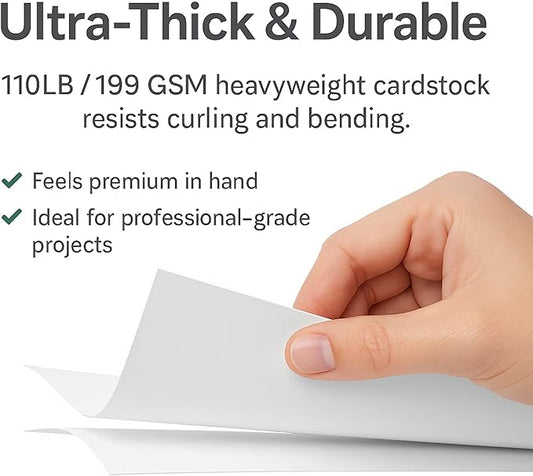 White Cardstock Printer Paper 8.5 x 11 – 100 Sheets, 110LB/199 GSM Heavyweight Thick Card Stock, For Business Cards, Invitations, Scrapbooking & Art Projects – Copy‑Paper Compatible, Made in USA
