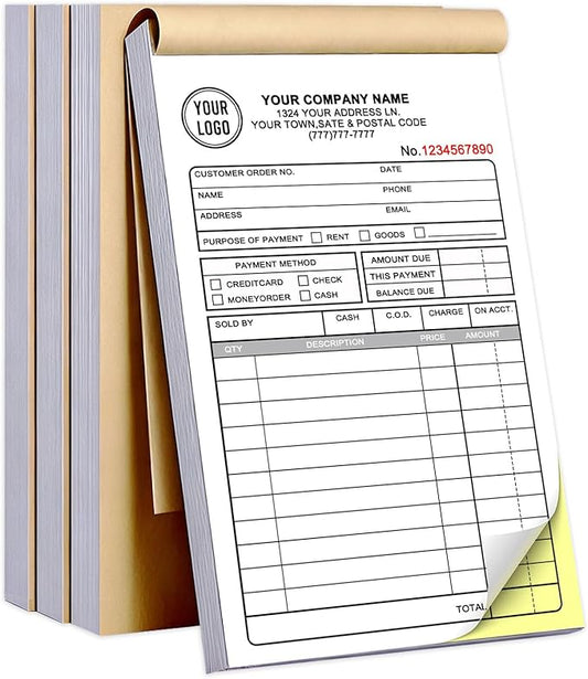 Custom Invoice Book with Logo 100 Set Personalized Receipt Books Customized Invoices for Small Business 2 - Parts Carbonless Duplicate Invoice Forms NCR Books