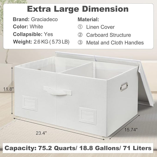 Graciadeco 75 Quarts Extra Large Decorative Storage Bins with Lids, 1 Pack White Collapsible Storage Bins with Lids, Stackable Storage Bins Decorative Box Storage With Lid Extra Large