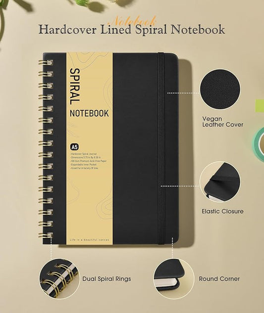 Office Prime Graph Spiral Notebook — A5, 5.75×8.38 in, 150 Pages, Black