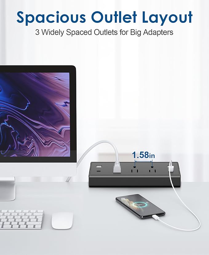 Desk Clamp Power Strip,40W Fast Charging Station,Desktop Mount Surge Protector,2 PD 20W USB C Ports,3 Outlets for Home,Office,Fit 1.9" Tabletop Edge (Black, 3 Outlets & 4 USB Ports & 20 FT Cable)