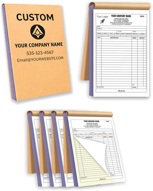 Custom Carbonless Invoice Book with Logo, Personalized Cover & Inner Pages, 2 Part NCR Receipt & Work Order Forms, Easy Tear, Writing Shield for Small Business (2-Part [White/Yellow], 11.8x8.3INCH)