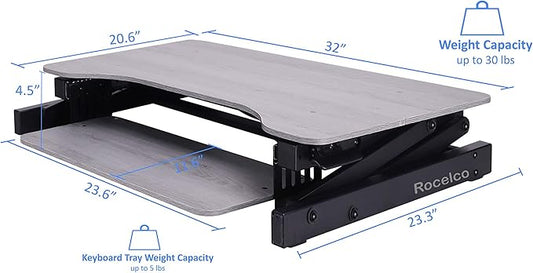 Rocelco 32" Height Adjustable Standing Desk Converter - Quick Sit Stand Up Dual Monitor Riser - Gas Spring Assist Tabletop Computer Workstation - Large Retractable Keyboard Tray - Grey (R ADRG)