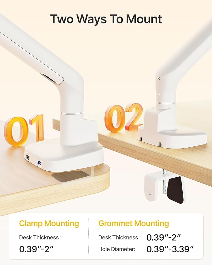 monTEK Single Monitor Arm with USB, Mechanical Spring Monitor Arm for 17-40" Screens, Adjustable Monitors Desk Mount Holds up to 24.2 lbs with C Clamp/Grommet Desk Mount, VESA 75/100mm, MA1011UCWH