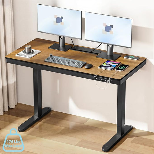 ERGO COLLECT Electric Standing Desk 48 Inch - One-Piece Desktop with Drawer, Cable Management, Wireless Charging & USB Port, Quiet Motor - for Home Office, Walnut