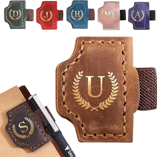 Personalized Bygone Mark Bookmark with Pen Holder, Leather Magnetic Bookmark 26 Letters,Gifts for Book Lovers, Readers, Leather Book Marks for Men Women (Brown, U)