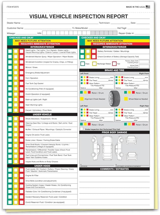 Visual Vehicle Inspection Report – 2-Part Carbonless Vehicle Checklist, Snap-Out Auto Service Forms, Fleet Maintenance Logs, Car Checkup Sheets - White & Canary 8.5"×11" - Pack of 1000