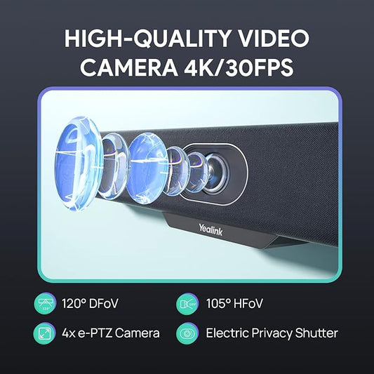 Yealink Video Conference Camera, 4K Webcam, 120° Ai Auto Framing, 8 Microphone Arrays & Speaker Tracking, Ai Noise Cancellation Teams Certified, Meetingbar A10 All-in-one Conference Room Camera System