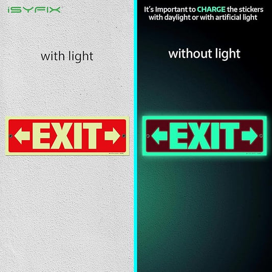 iSYFIX Exit Signs with Directional Right & Left Arrow - 2 Pack 12x4 Inch Glow in the Dark for Business, School, Office, Warehouse - Durable 40 Mil Polystyrene, UV Laminated, Waterproof, Scratch & Fade Resistant